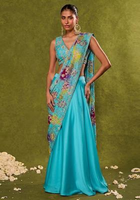 Blue Embroidered Crepe Lehenga Set
