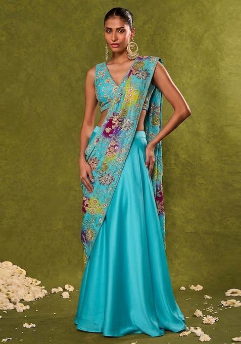 Blue Embroidered Crepe Lehenga Set