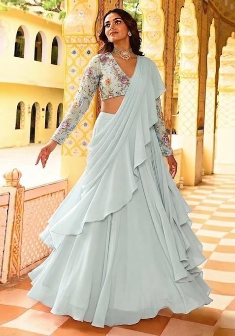 White Printed Crepe Lehenga Set