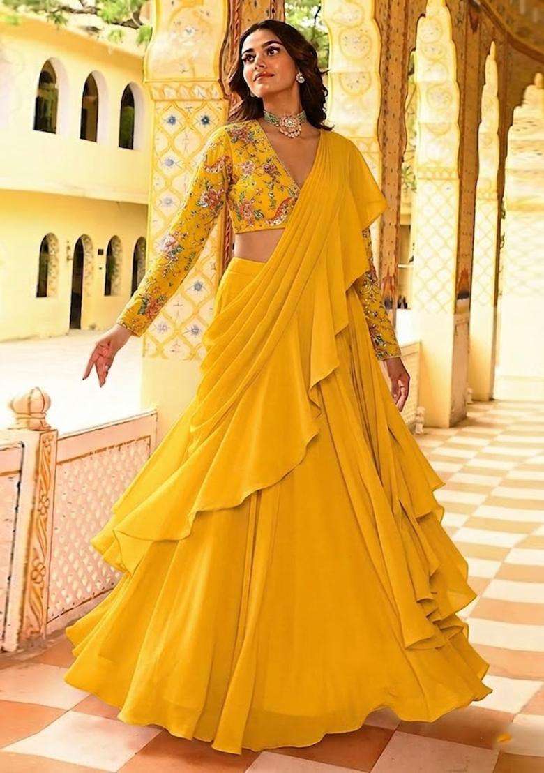 Mustard Printed Crepe Lehenga Set - Indya