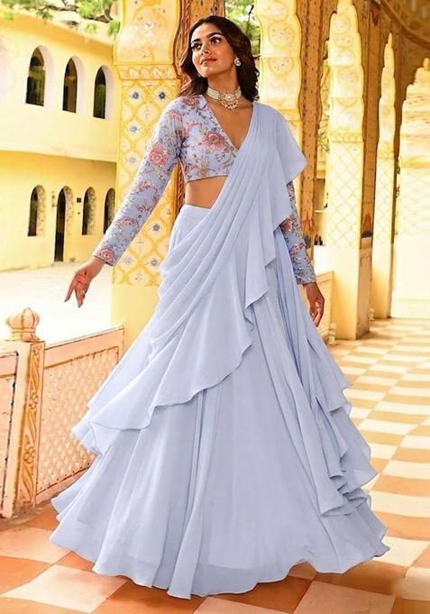 Lavender Printed Crepe Lehenga Set