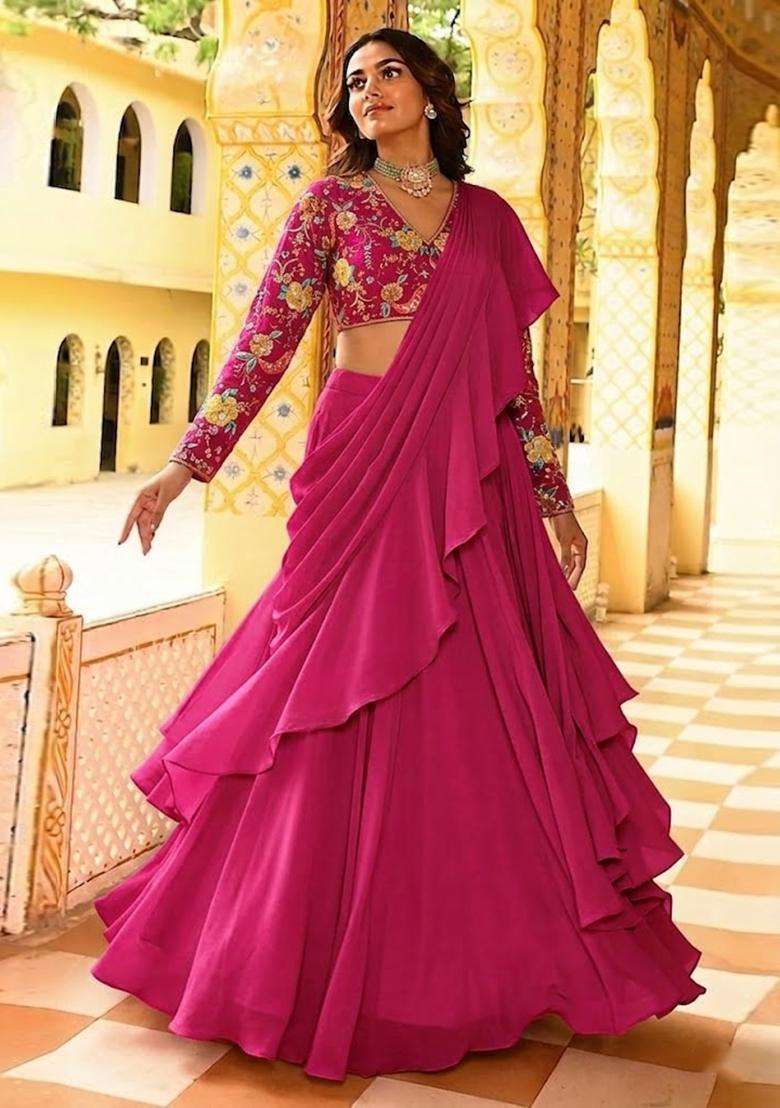 Rani Pink Printed Crepe Lehenga Set - Indya