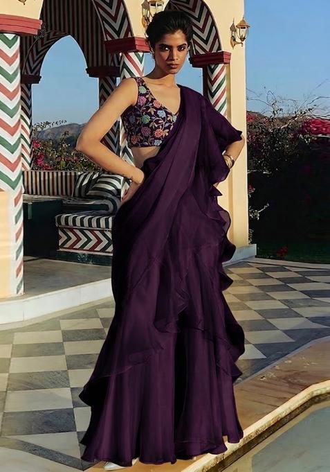 Deep Purple Printed Crepe Fusion Set