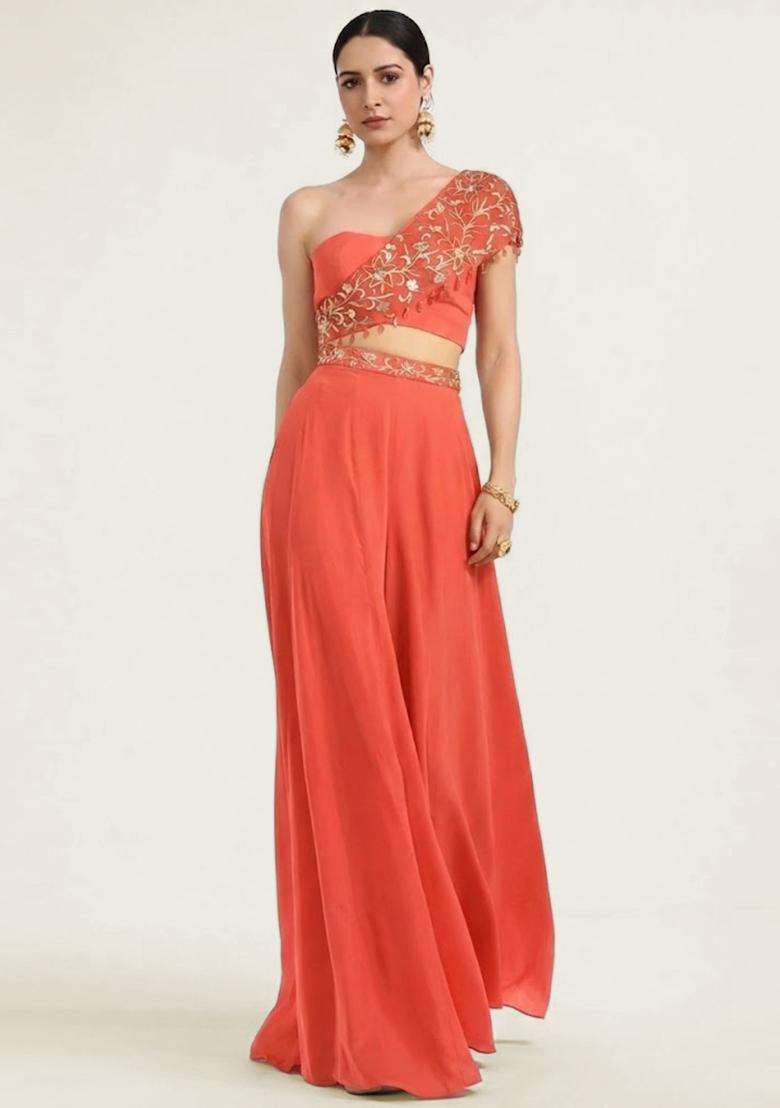 Coral Embroidered Handwork Fusion Set - Indya