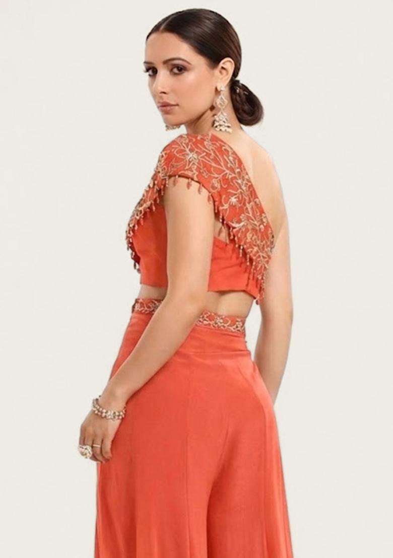 Coral Embroidered Handwork Fusion Set - Indya