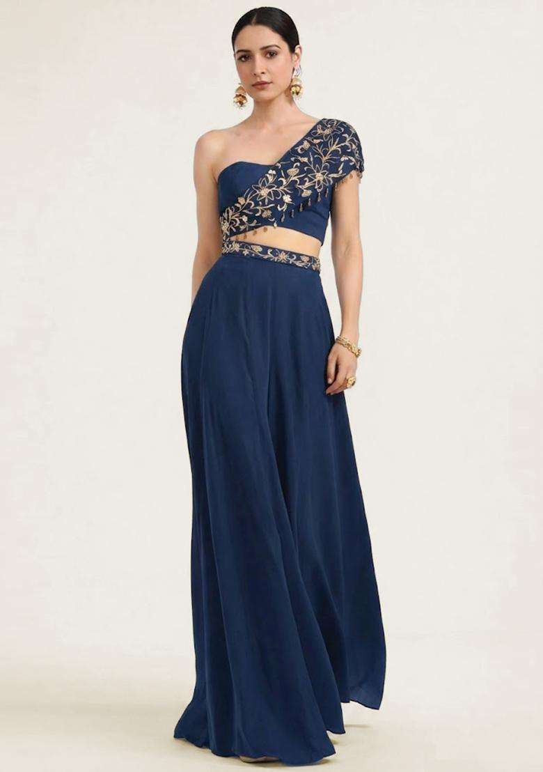 Navy Blue Embroidered Handwork Fusion Set - Indya