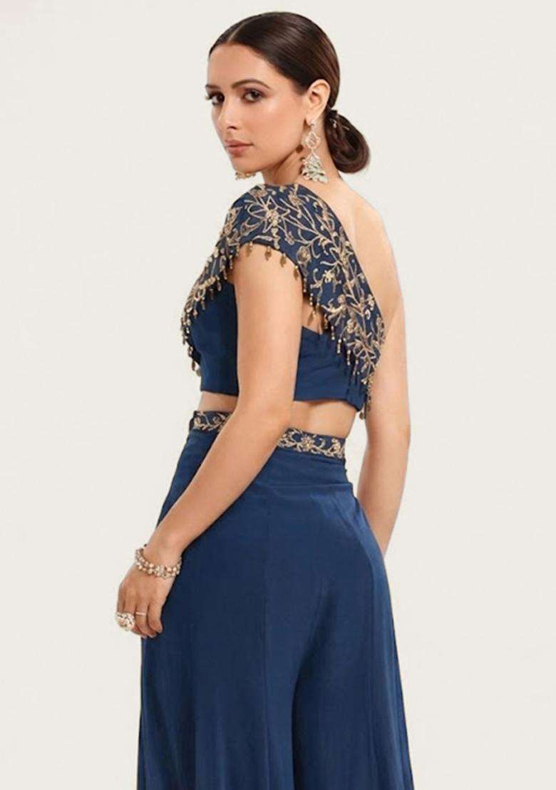 Navy Blue Embroidered Handwork Fusion Set - Indya