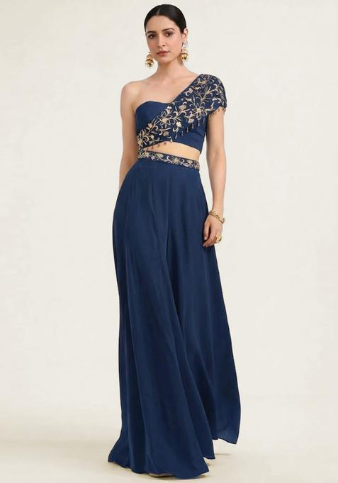 Navy Blue Embroidered Handwork Fusion Set