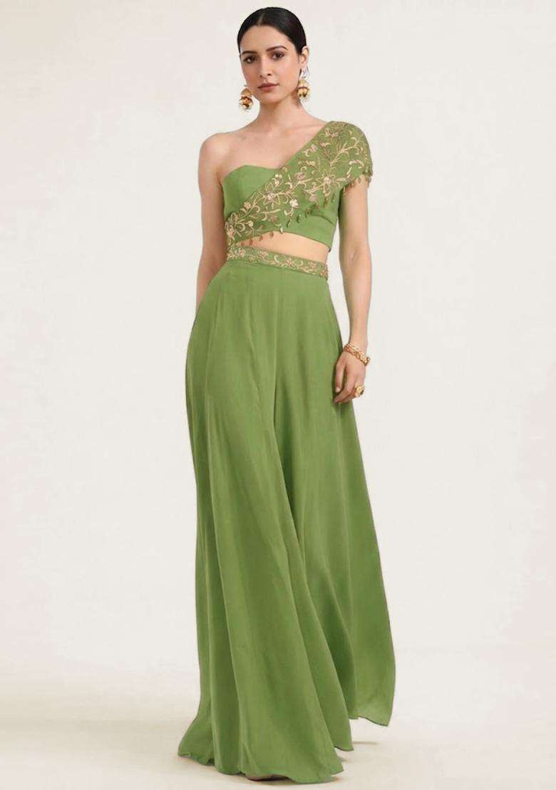 Olive Green Embroidered Handwork Fusion Set - Indya
