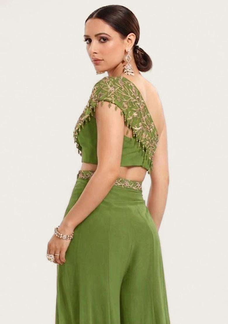 Olive Green Embroidered Handwork Fusion Set - Indya