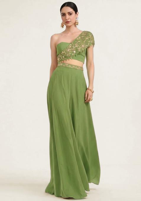 Olive Green Embroidered Handwork Fusion Set