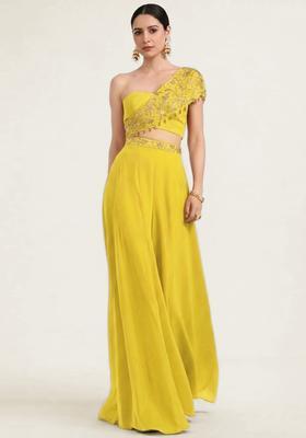 Yellow Embroidered Handwork Fusion Set