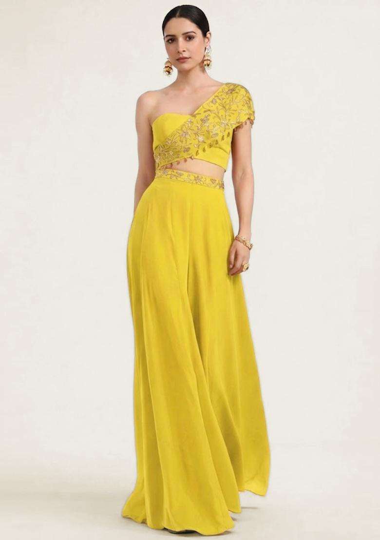 Yellow Embroidered Handwork Fusion Set - Indya
