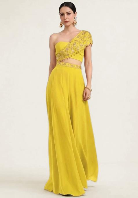 Yellow Embroidered Handwork Fusion Set