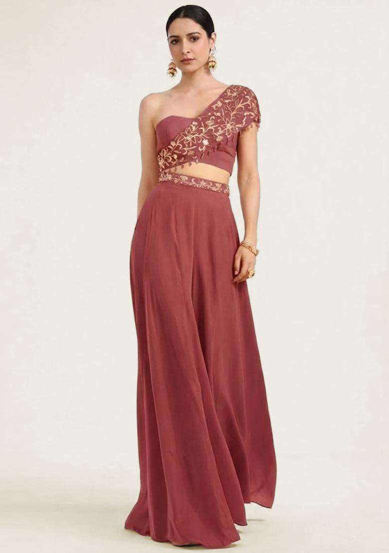 Mauve Embroidered Handwork Fusion Set - Indya