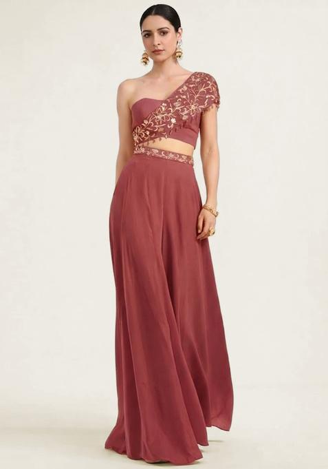 Mauve Embroidered Handwork Fusion Set