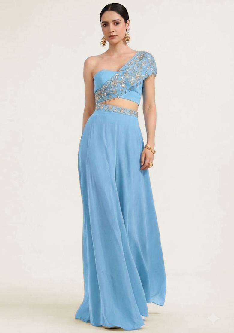 Pastel Blue Embroidered Handwork Fusion Set - Indya