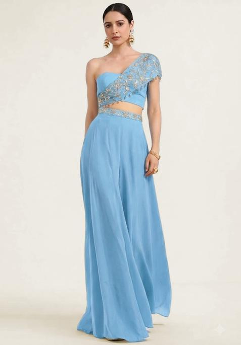 Pastel Blue Embroidered Handwork Fusion Set