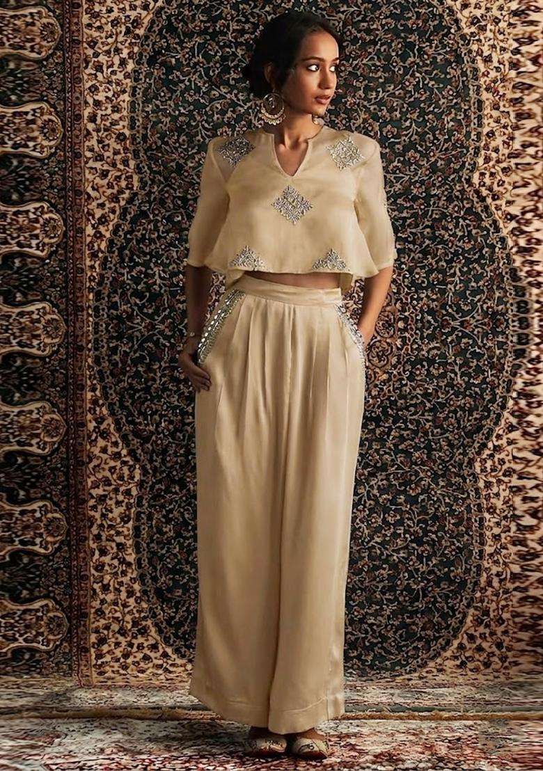 Sand Beige Embroidered Handwork Fusion Set - Indya