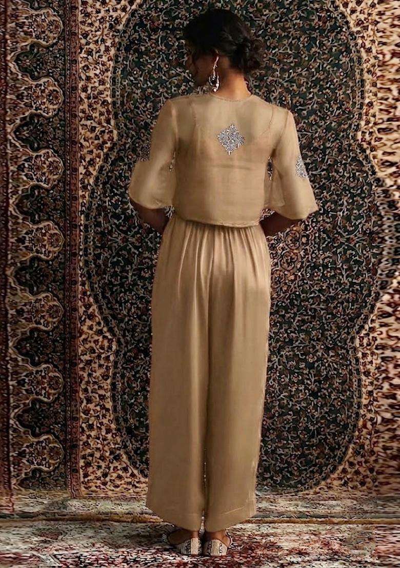 Sand Beige Embroidered Handwork Fusion Set - Indya