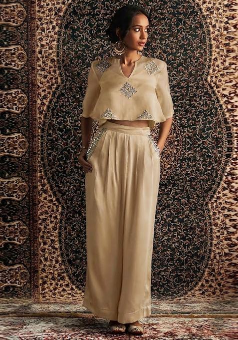 Sand Beige Embroidered Handwork Fusion Set