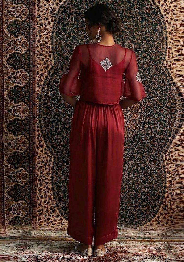 Burgundy Embroidered Handwork Fusion Set - Indya