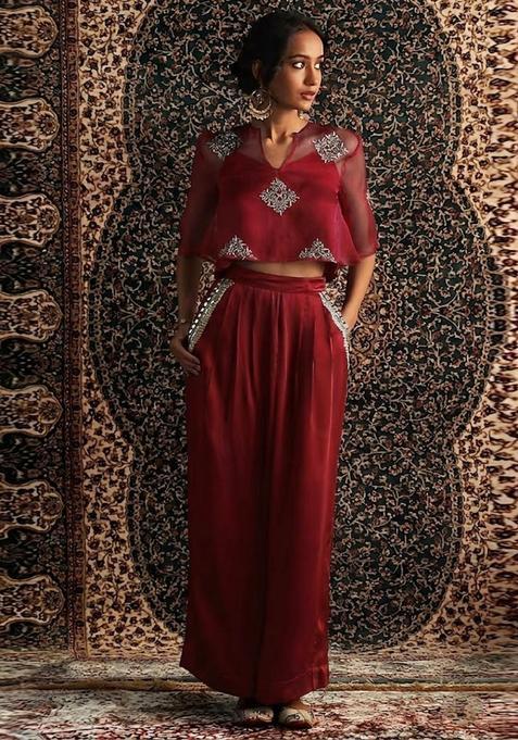 Burgundy Embroidered Handwork Fusion Set