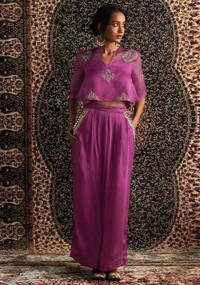 Magenta Pink Embroidered Handwork Fusion Set
