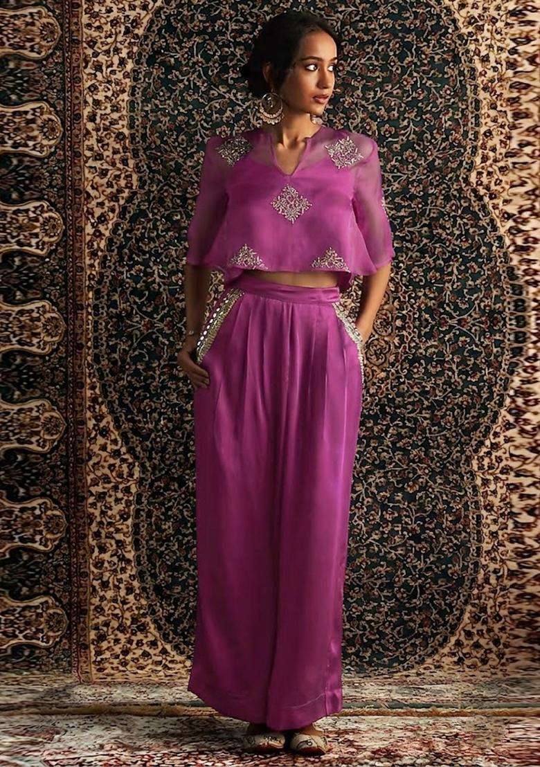 Magenta Pink Embroidered Handwork Fusion Set - Indya