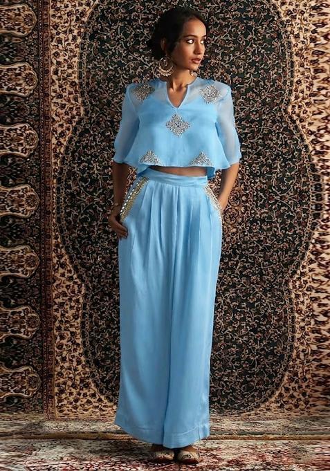 Pastel Blue Embroidered Handwork Fusion Set