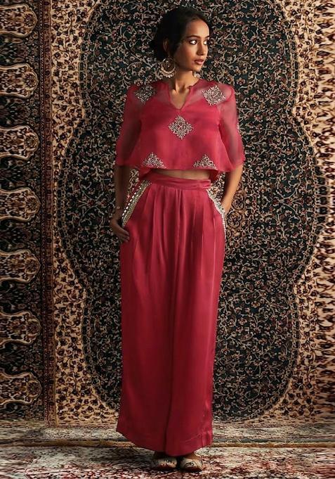 Red Embroidered Handwork Fusion Set