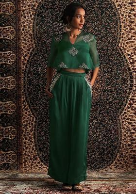 Bottle Green Embroidered Handwork Fusion Set