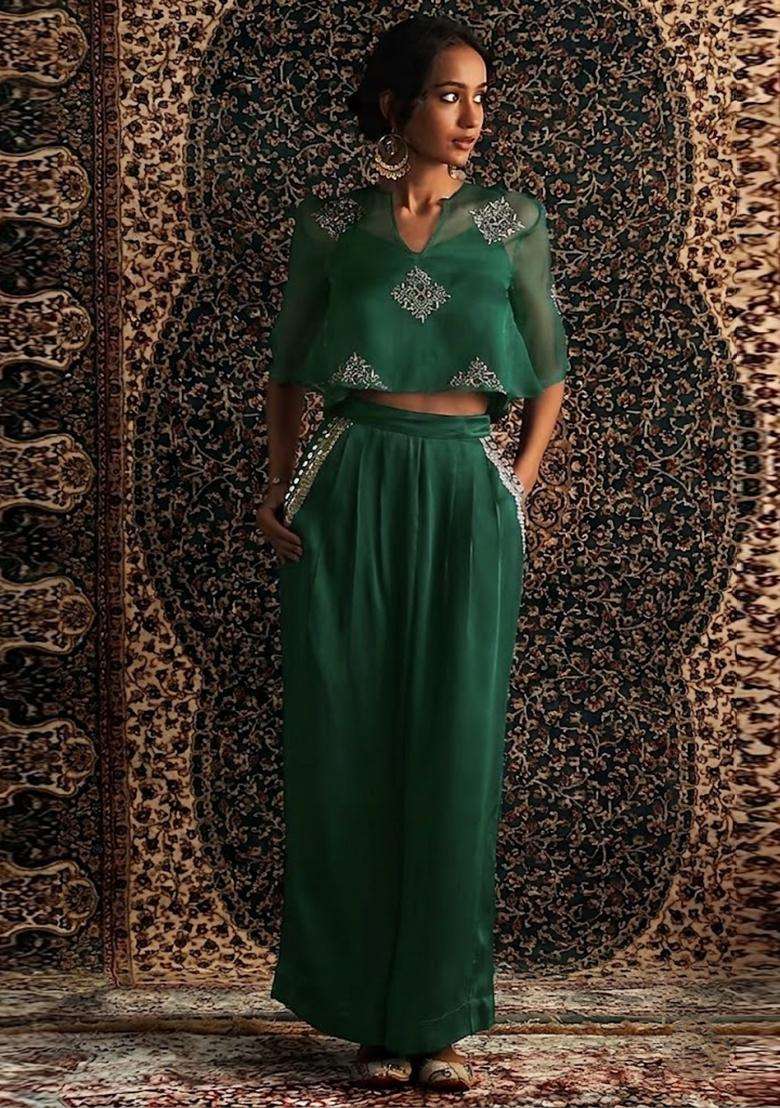 Bottle Green Embroidered Handwork Fusion Set - Indya