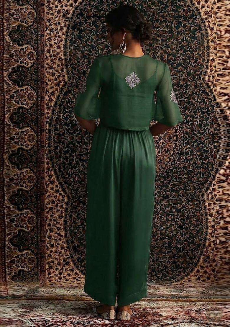 Bottle Green Embroidered Handwork Fusion Set - Indya