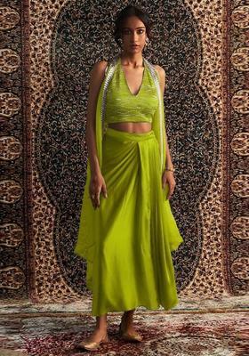 Lime Green Embroidered Handwork Fusion Set
