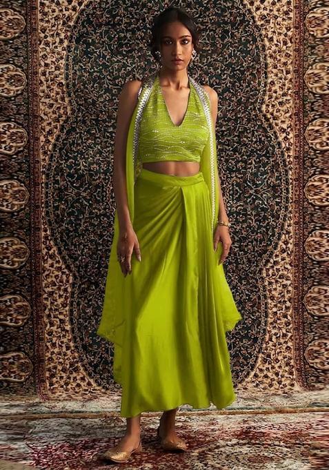 Lime Green Embroidered Handwork Fusion Set