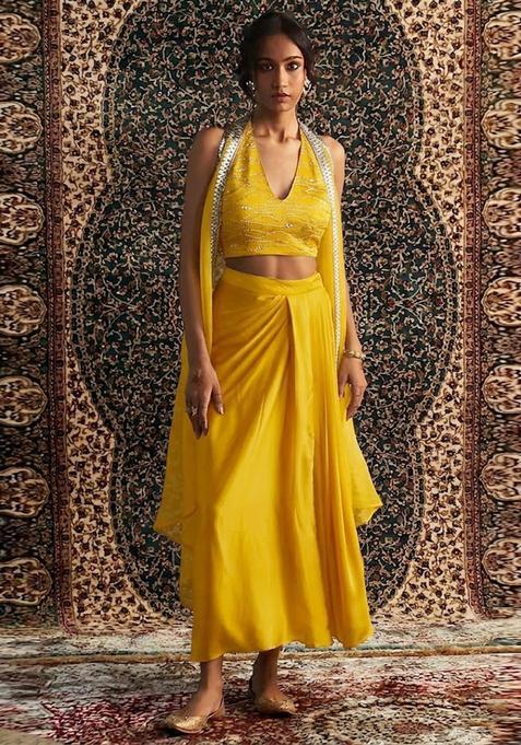 Yellow Embroidered Handwork Fusion Set