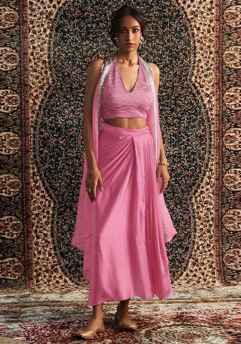 Pink Embroidered Handwork Fusion Set