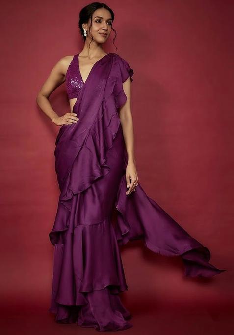 Deep Purple Embroidered Handwork Pre Draped Saree Set