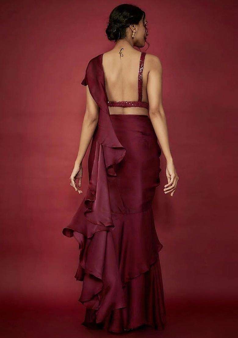 Deep Brown Embroidered Handwork Pre Draped Saree Set - Indya