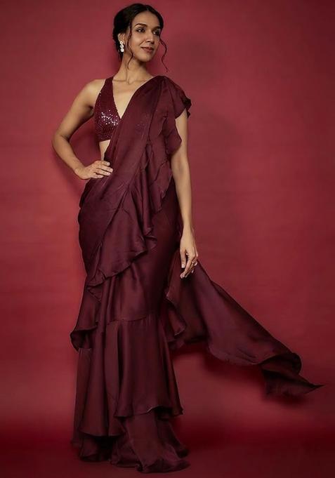 Cherry Red Embroidered Handwork Pre Draped Saree Set