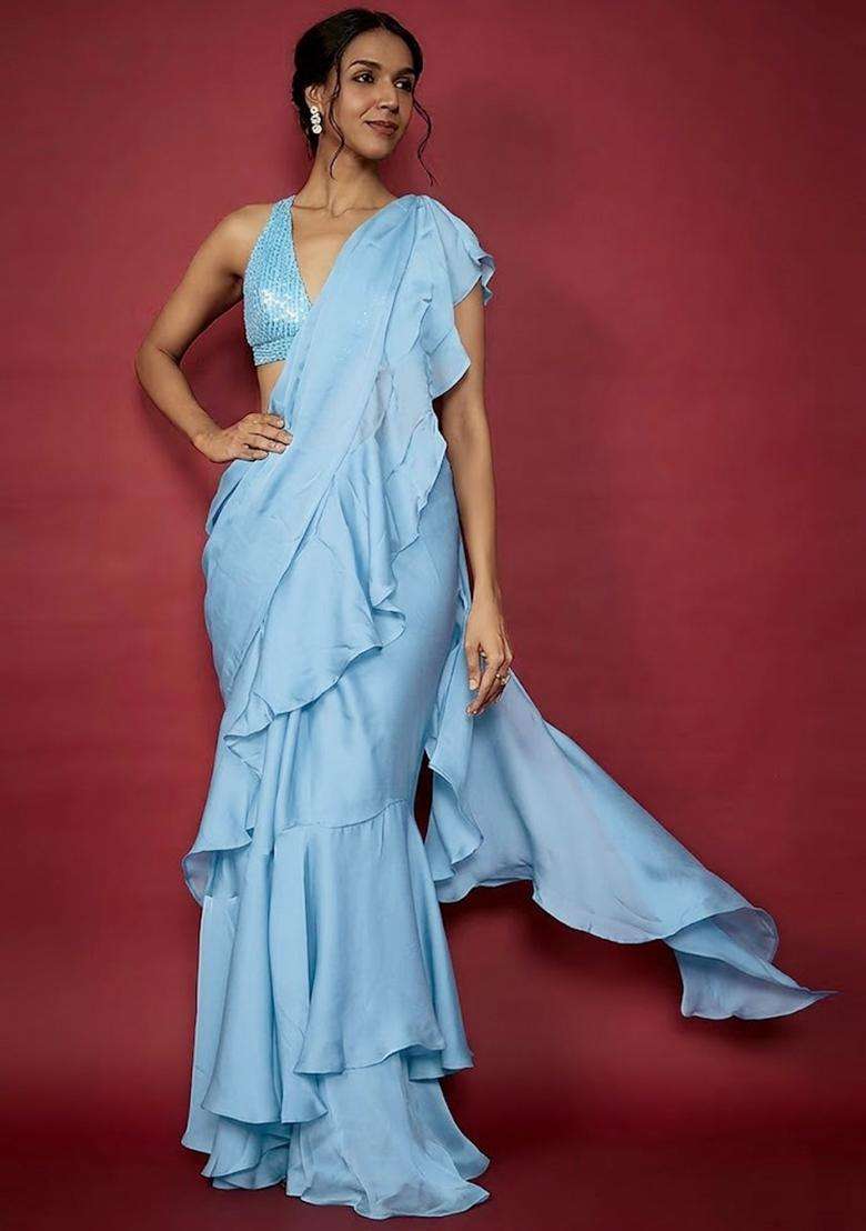 Blue Embroidered Handwork Pre Draped Saree Set - Indya