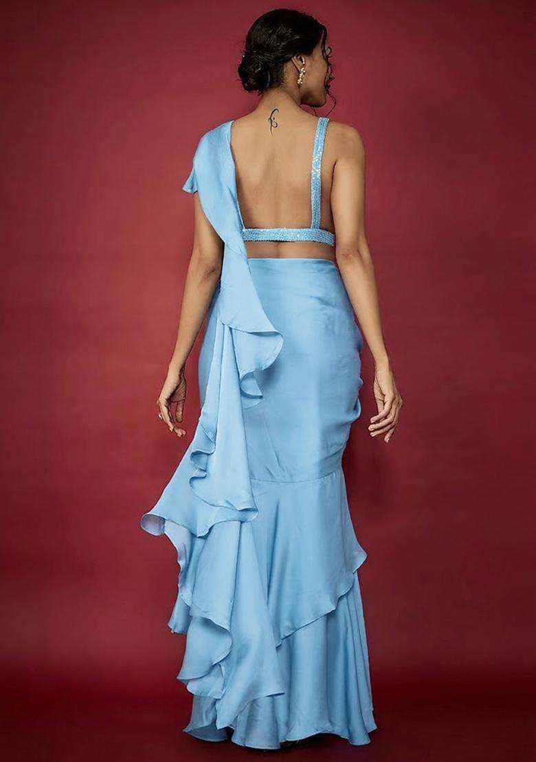 Blue Embroidered Handwork Pre Draped Saree Set - Indya