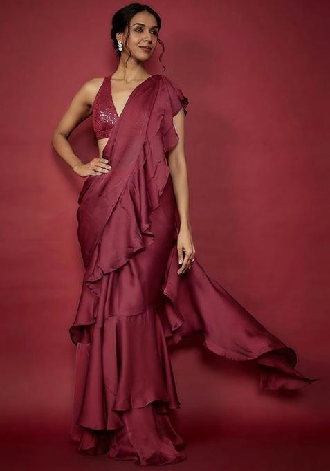 Brown Embroidered Handwork Pre Draped Saree Set