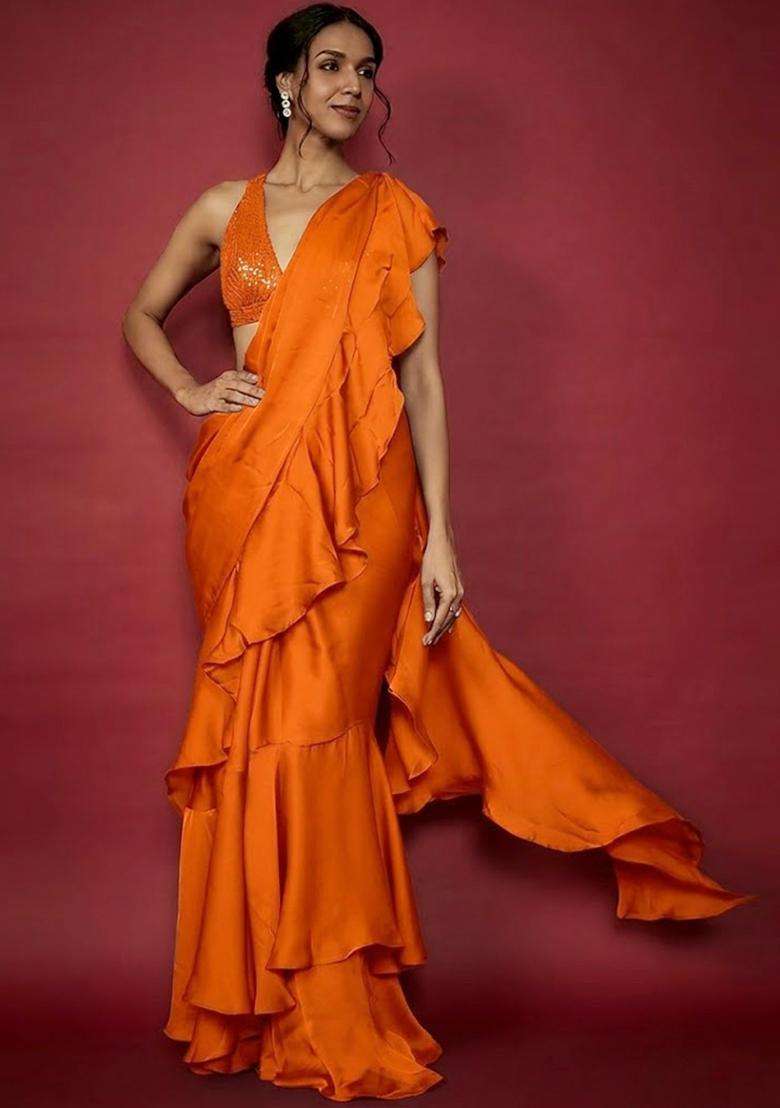 Orange Embroidered Handwork Pre Draped Saree Set - Indya