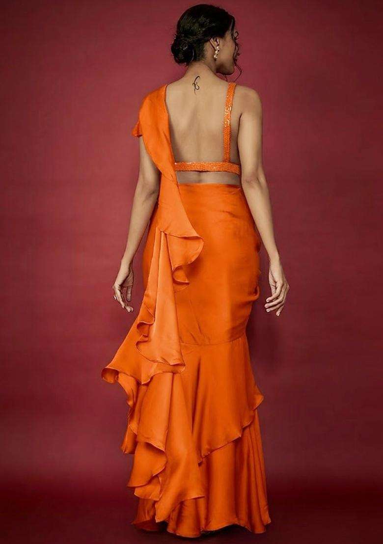 Orange Embroidered Handwork Pre Draped Saree Set - Indya