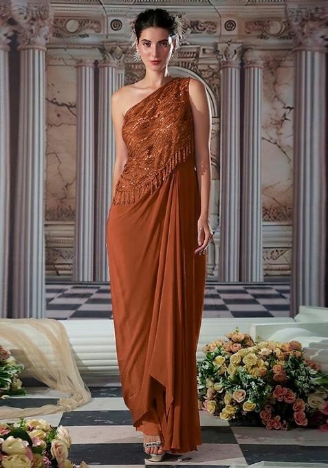 Brown Embroidered Handwork Fusion Set