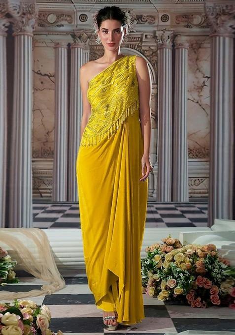 Yellow Embroidered Handwork Fusion Set