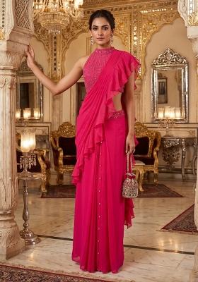 Dark Pink Embroidered Handwork Pre Draped Saree Set