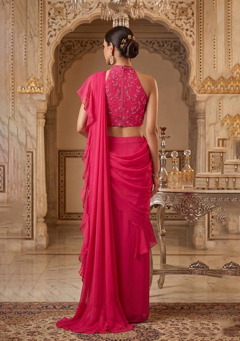 Dark Pink Embroidered Handwork Pre Draped Saree Set - Indya